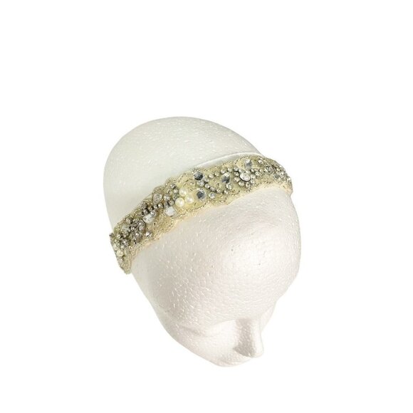 David's Bridal pearl crystal silver headband with ribbons Tie Back Ivory - Picture 1 of 4